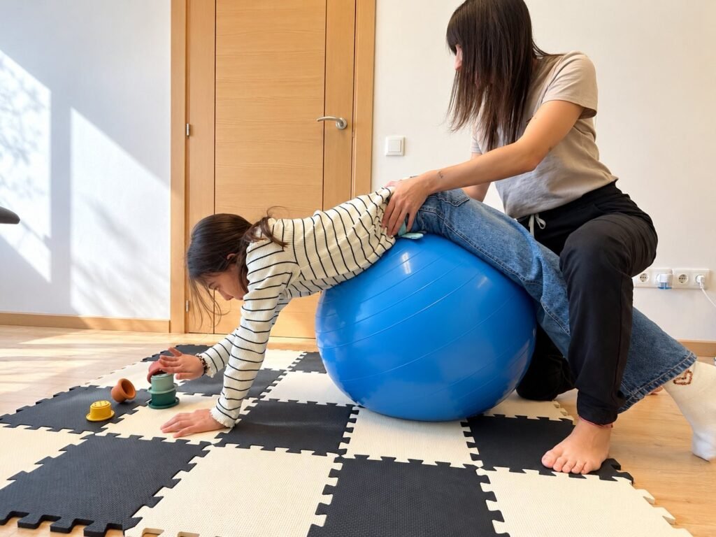 Raquel García trabajando con una niña sobre una pelota en la consulta